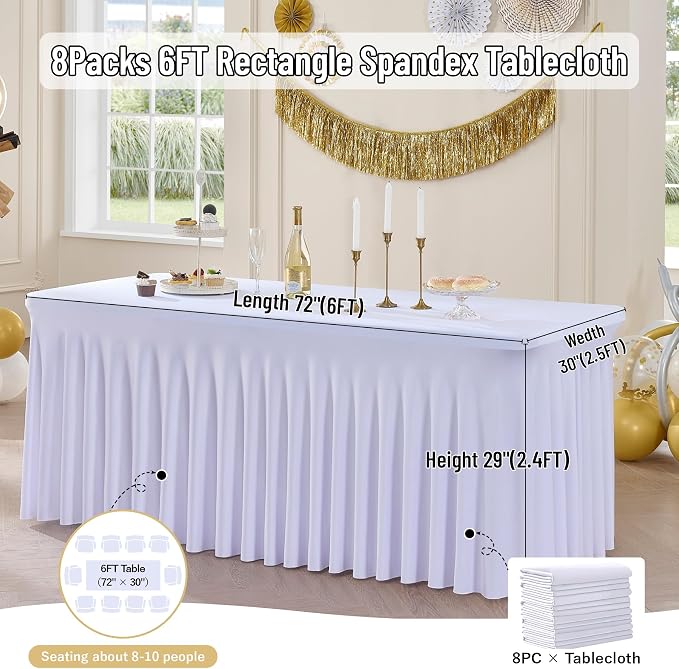 leegleri 8 Pack White Spandex Table Clothes for 6 Foot Rectangle Tables, Wrinkle Free 6ft Fitted Table Cover, Spandex Table Skirt for 6FT Rectangle Tables-for Banquet Weddings Parties