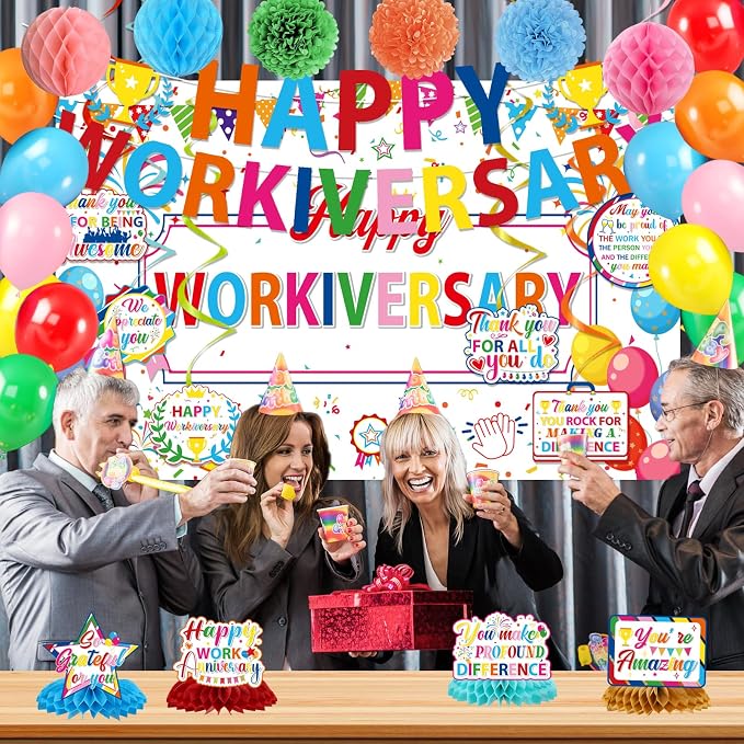 Happy Work Anniversary Decorations, 31PCS Colorful Workiversary Party Decoration Set for Employee Office, Pre-Strung Banner Backdrop Hanging Swirl Honeycomb Centerpiece Balloons Paper Poms
