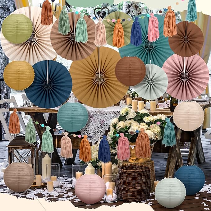 Feifeiya Boho Party Decoration 20 Pcs Hanging Paper Fans Paper Lanterns Tassel Garlands Set Back to School Wall Hanging Fans for Classroom Decor Birthday Baby Shower Wedding