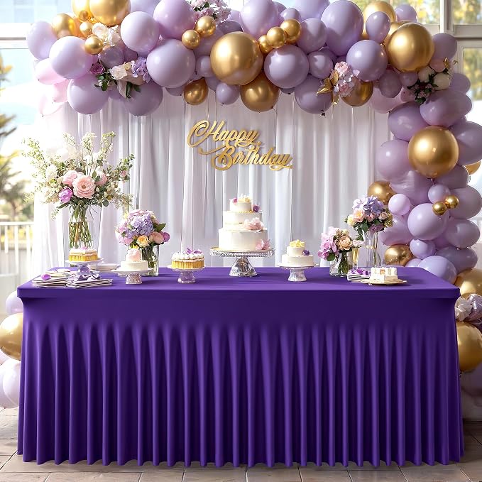 1 Pack Purple Table Clothes for 8 Foot Rectangle Tables, One-Piece Wrinkle Resistant Stretch Spandex Table Covers with Skirt for Event Banquet Wedding Birthday Party