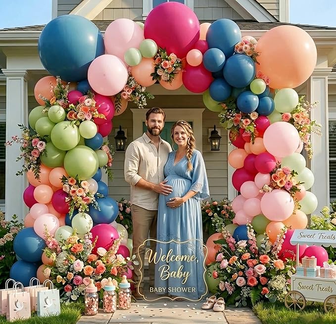 Hot Pink Green Blue Balloon Arch Kit Double Stuffed Dark Pink Olive Green Denim Blue Light Orange Magenta Peach Balloon Garland for Birthday Baby Shower Flower Wedding Summer Party Decoration