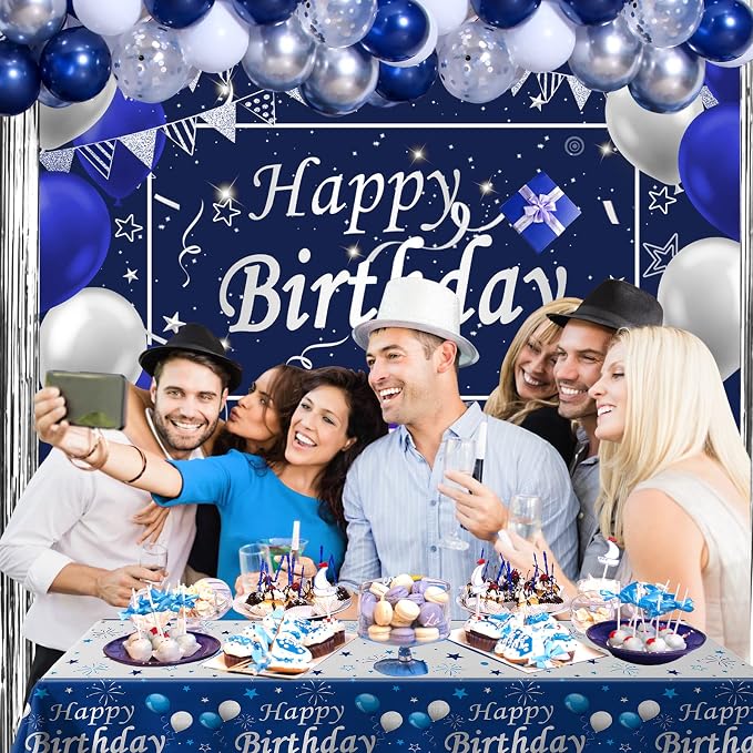 Blue and Silver Birthday Decorations for Men Women, Blue Party Decorations for Men Boys Girls Happy Birthday Backdrop Tablecloth Balloons Arch Kit White Silver Confetti Balloons Foil Fringe Curtains