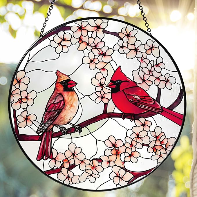 Cardinal Sun Catcher Stained Glass Window Hanging Cardinal Decor Gifts for Women Handmade Sun Catcher Decoration for Garden Home Housewarming Gift Valentine's Day Gifts（6 inch）