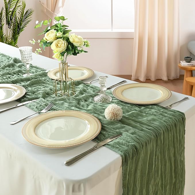12 Pack 10FT Sage Green Cheesecloth Table Runner 120 Inch Long Gauze Rustic Boho Spring Cheese Cloth Table Runner Sheer Fabric Decorations for Holiday Party Wedding Banquet Bridal Baby Shower Décor