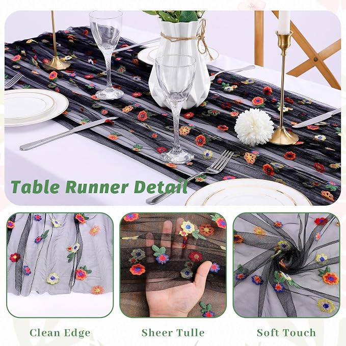 QueenDream Black Table Runner Floral Gauze Tulle Fabric 120 Inch 10FT Seasonal Sheer Overlay for Spring Kitchen Wedding Birthday Party Dining Table Decor