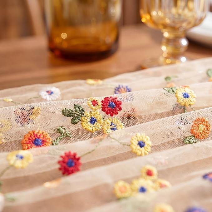 Floral Table Runner 30 x 120 Inch, 1 Pack Champagne Embroidered Daisy Sheer Tulle Gauze Table Runner for Wedding, Birthday Tea Party, Home Dining Decor