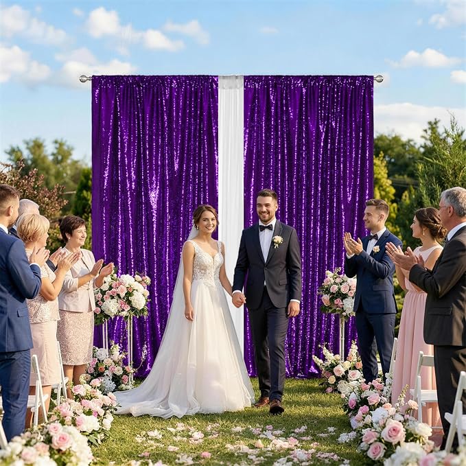 SquarePie 2 PCS 4x10ft Purple Sequin Backdrop for Photography, Extra Long Satin-Backed Real Sequin Curtain, High-Density Shimmering Background with 4" Rod Pocket for Wedding Ceremony, 2 Panels