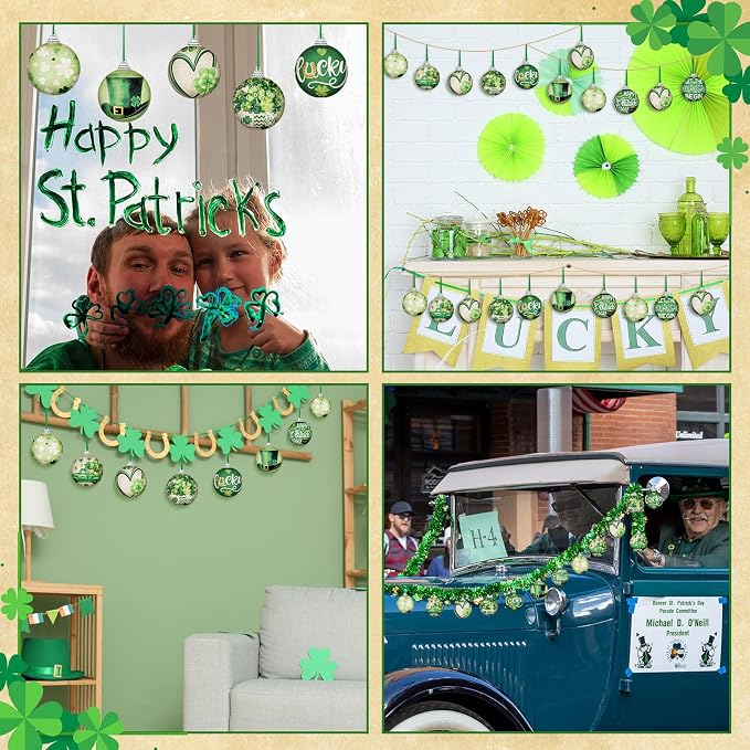 Outus 16 Pcs St. Patrick's Day Tree Ornaments Ball Vintage St. Patrick's Day Decorations for Tree Vintage Style Shamrock Luck Irish Hanging Ornaments Farmhouse Home Decoration Holiday Party Favors