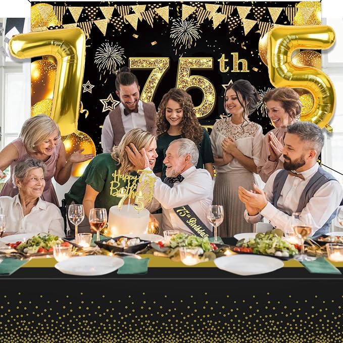 75th Birthday Decorations Men Women with 75th Birthday Banner, Black and Gold Table Cloth, Number Balloons, Large Sash, Cake Topper and Candles
