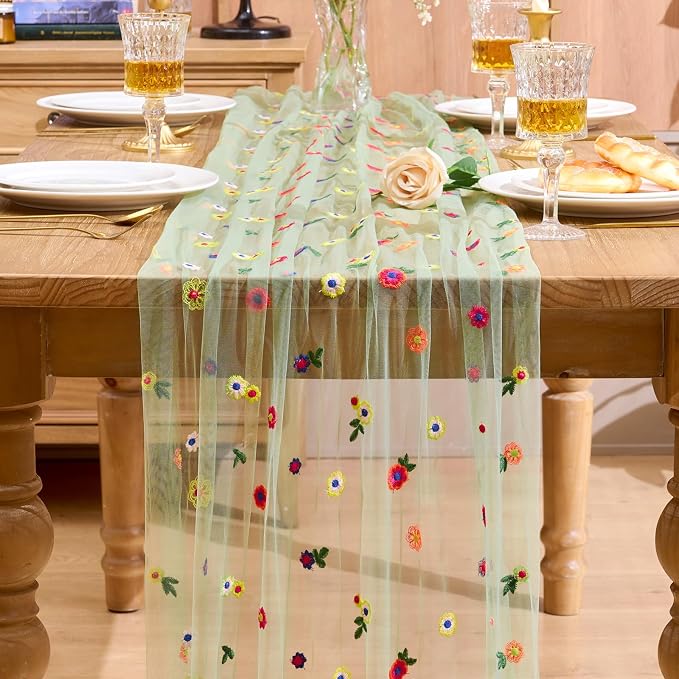 QueenDream 10FT Sage Green Floral Spring Table Runner Embroidery Daisy Gauze Table Runner for Summer Baby Shower Wedding Birthday Party
