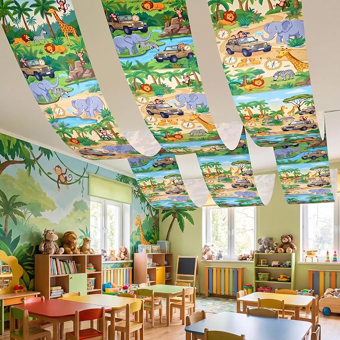 Gilprop 3 Pack Jungle Safari Ceiling Decorations for Classroom, 24" x 12 ft Rainforest Animal Hanging Banners, Safari Theme Decor for Kids Birthday Party Sunday School Classroom Transformation
