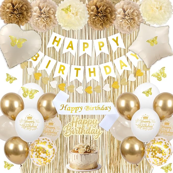 56PCS Champagne Gold Birthday Decorations for Women, White and Gold Birthday Decorations Include Banner Balloons 3D Butterfly Stickers Fringe Curtain Paper Pompoms, Happy Birthday Supplies for Girls