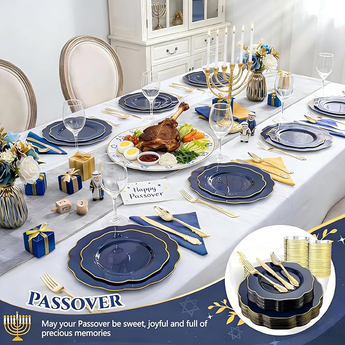 NOCCUR 175PCS Blue Plastic Plates with Disposable Silverware - Include 50 Blue Disposable Plates with Gold Rim,75 Gold Cutlery,25 Cups,25Napkins for Party/Wedding/Graduation/Memorial Day