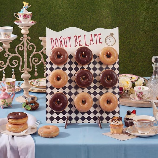 Suclain 16 x 12 Inches Wonderland Party Decoration Donut Wall Display Stand 9 Holes Wooden Donut Bagel Display Holder Board Black and White Checkered Stands for Wonderland Birthday Party Tea Parties