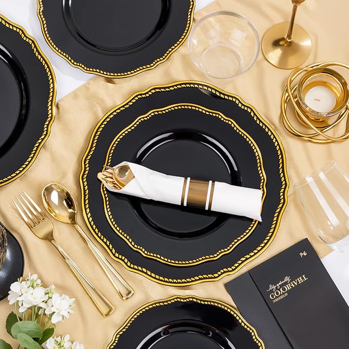 Hioasis 175pcs Black and gold Plastic Plates - Gold Plastic Dinnerware Set Includes 25 Dinner Plates, 25 Dessert Dinnerware, 25 Cups, 25 Napkins Perfect for Wedding & Party