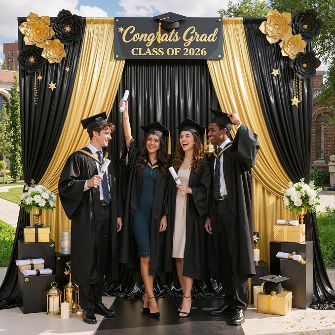 20ft x 10ft Gold Black Sequin Backdrop Curtain for Parties, Wrinkle Free Glitter Photo Backdrop Drapes 4 Panels 5x10ft Back Drop Cloth for Wedding Photography Background