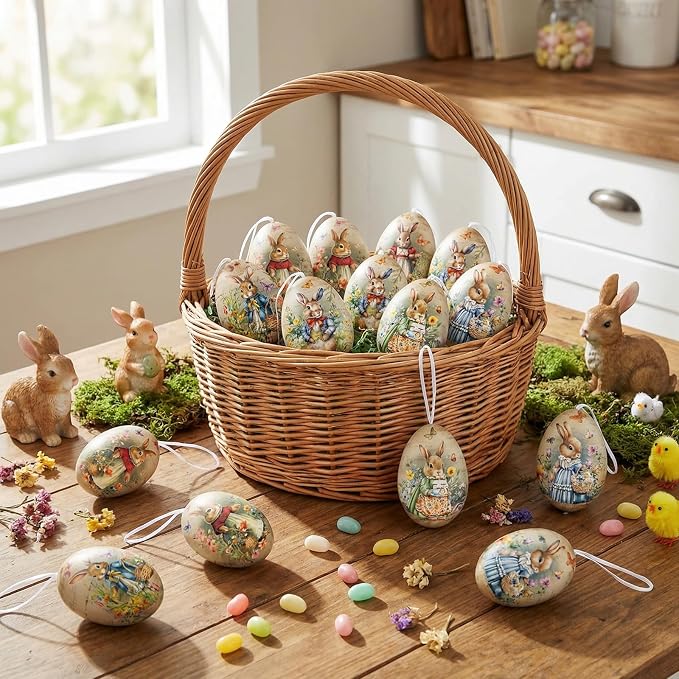 Outus 18 Pcs Easter Egg Ornaments Vintage Easter Egg Hanging Ornament Colorful Decorative Rabbit Hanging Ornaments for Tree Spring Farmhouse Home Fireplace Decoration Holiday Party Favors