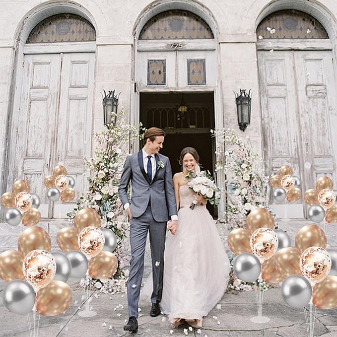 4 Set Balloon Stand with Champagne Silver Balloons and Pump | For Birthday Bridal Shower Wedding Engagement Anniversary Retirement Mother's Day New Years Party Supplies