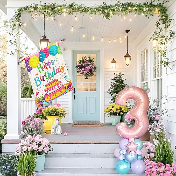 Happy Birthday House Flags 28x40 Double Sided Burlap, Colorful Balloon Cake Toppers Personalized Banner Farmhouse Yard Sign Birthday Party Outdoor Decorations DF576-28