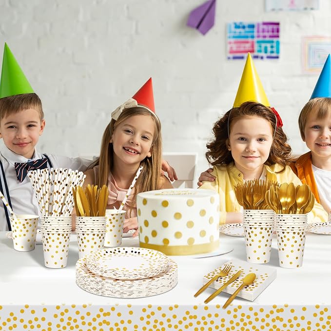 Nkaiso 193 Pcs White Gold Paper Plates and Napkins Party Supplies Sets Include White Party Plate Cup Napkin Plastic Cutlery for Baby Shower, Wedding, Birthday Decoration -24 Guest