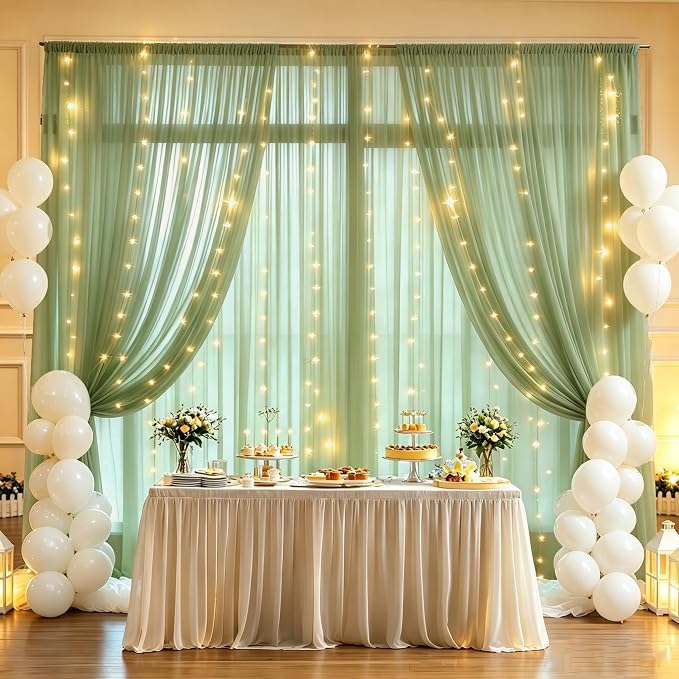 10ft x 10ft Sage Green Chiffon Backdrop Curtain with Lights String for Parties,2 Panels Sheer Tulle Curtain Wedding Backdrop for Baby Shower Birthday Party Ceremony Reception Home Decorations
