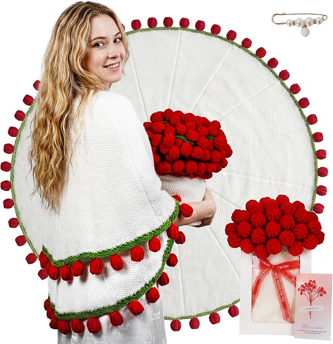 Mom Gifts for Mothers Day, Handmade Knitted Crochet Flower Bouquet Blanket, Birthday Gifts for Women, Anniversary, Wedding, Romantic Gifts for Wife Girlfriend Sister Friends, Throw Blanket, Home Decor