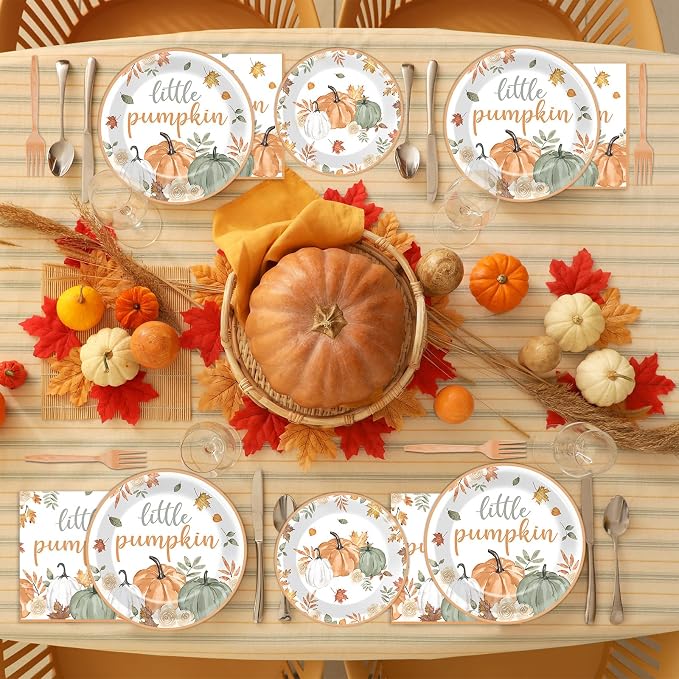 96Pcs Fall Little Pumpkin Baby Shower Party Decoration Set Autumn Lil Pumpkin Plates and Napkins Tableware Set Party Decorations for Baby Shower Fall Thanksgiving Birthday Parties Favors for 24 Guests