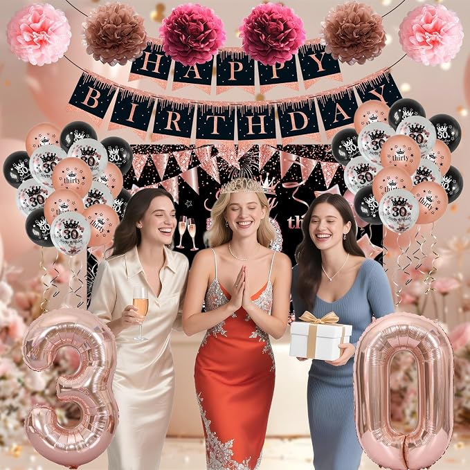 Happy 30th Birthday Decorations for Her, Black Rose Gold 30 Years Old Decor for Women Include Sash and Crown, 30pcs Balloons Banner 40" Number Balloons, Backdrop Cake Topper & Paper Pom Poms