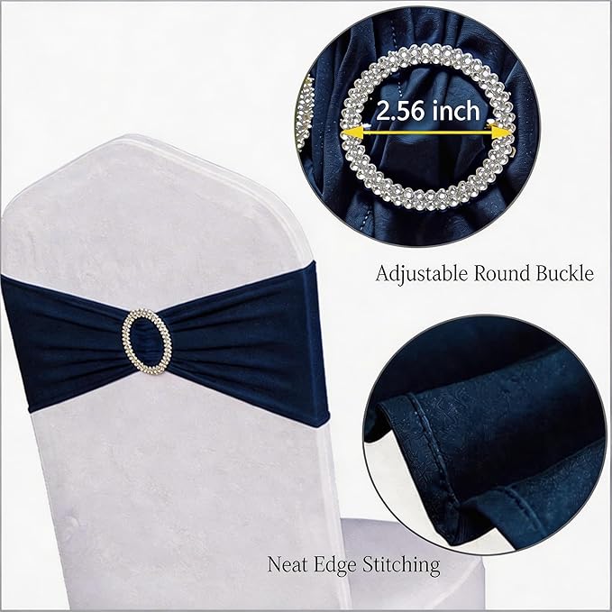 Pack of 100 Spandex Navy Blue Chair Sashes Bows Elastic Chair Bands with Buckle Slider Sashes Bows for Wedding Decorations Without White Covers (Navy)