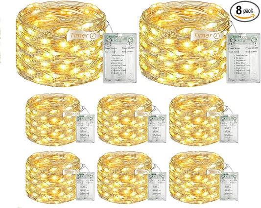 8 Pack 16FT 50 LED Fairy Lights Battery Operated with Timer, 8 Modes USB Mini Twinkle Light, Small String Lights for Wreath Vase Bedroom DIY Wedding Party Decorations-Warm White