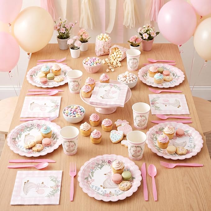 Zhehao 350 Pcs One Silly Goose Birthday Party Tableware Set Scalloped Pink Gingham Baby Shower Plates Cup Napkins Forks for Birthday Party Decorations Supplies for 50 Guests