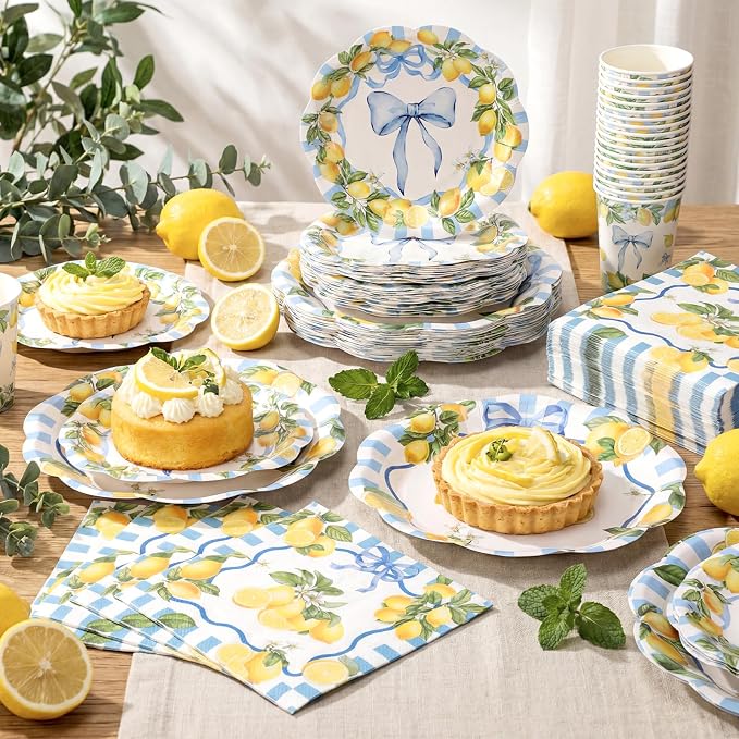 Newtay 250 Pcs Amalfi Lemon Party Plates and Napkins Blue Bow Lemon Theme Disposable Plates Bachelorette Birthday Tableware for 50 Guests for Wedding Bridal Shower Mediterranean Party Supplies