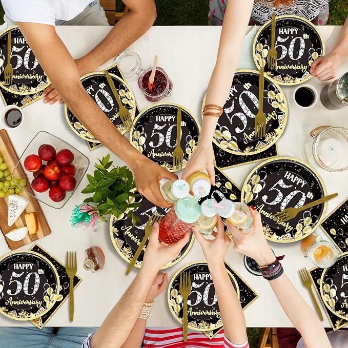 50 Guests 50th Anniversary Plates Napkins Party Supplies Employee Career Wedding Party Decoration Disposable Paper Cake Tableware Sets Party Dinnerware Favors Fiftieth Anniversary, 200PCS