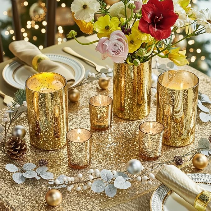 Willceka Gold Candle Holder Hurricane Candle Cylinder Vases for Centerpieces Set of 6 for Wedding Table Centerpiece