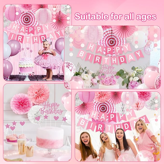 Pink Birthday Party Decorations, 66PCS Light Pink Happy Birthday Decor for Women&Girls with Banner, Balloons, Paper Fans, Flowers, Lanterns and garland etc. for Any Occasions