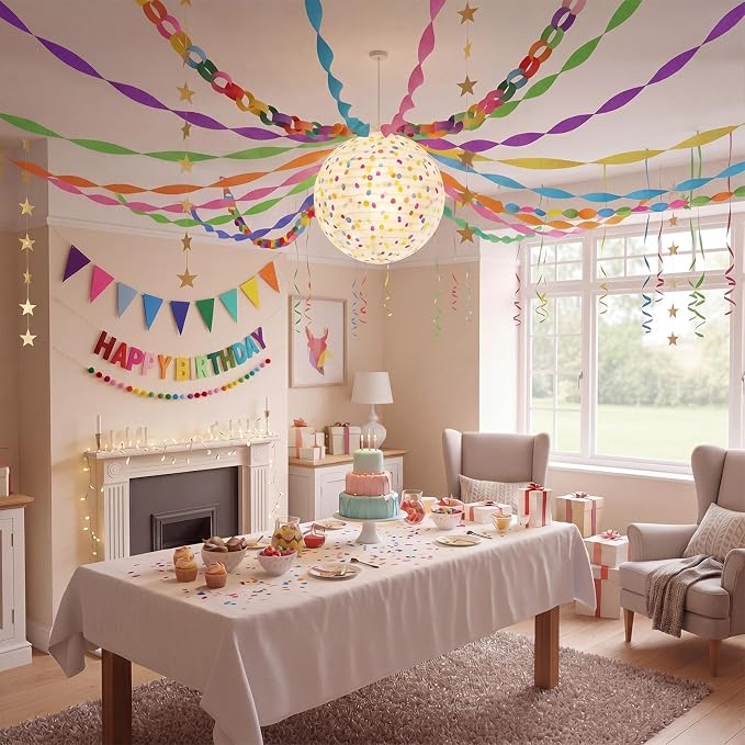 Mifoci 313 Pcs Happy Birthday Decorations Kit 300 Sheets Paper Chains Strips Birthday Felt Banner 492 ft Crepe Paper Streamers 52.4ft Star Garlands for Party Supplies DIY Crafts(Dopamine Colors)