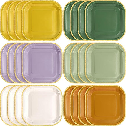 60 Pcs Nature Wedding Boho Colorful Paper Plates 7 Inch Gradient Disposable Square Dessert Party Plates with Gold Edge for Birthday Wedding Bridal Baby Shower Party Supplies, 6 Colors