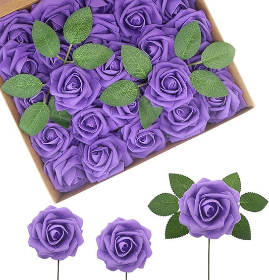 Artificial Flowers Realistic Roses, 50pcs Real Looking Fake Roses with Stem for DIY Wedding Bouquets Centerpieces Bridal Shower Party Home Romantic Decorations (Regular 3" - 50pcs, Dark purple)