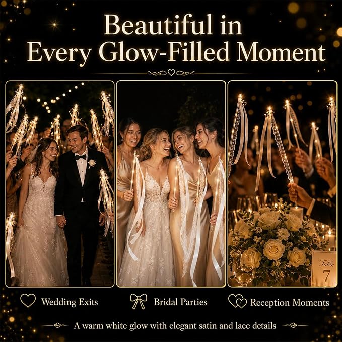 120 PCS Light Up Wands for Wedding, Warm White LED Wedding Send Off with Ribbons and Bells, 3 Light Modes Fairy Ribbon Wands, Reception Props for Ceremony Exit, Party Favor