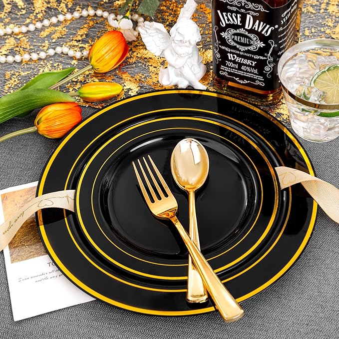 bUCLA 150 Pieces Black and Gold Disposable Dinnerware Set - 25 Guests Black Gold Plastic Plates Include 25 Dinner & 25 Dessert Plates, 25 Spoons, 25 Forks, 25 Knives, 25 Cups for Party & Graduation