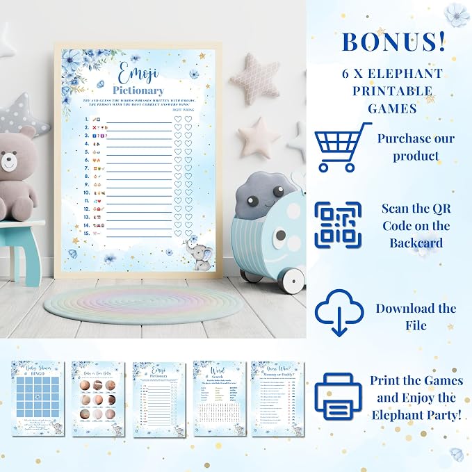 187 Pc Elephant Baby Shower Decorations for Boy - Blue Balloon Garland Kit | 2025 Family Choice Award winner - reusable Oxford-cloth backdrop (not paper), BABY BOY boxes, banner & printable games