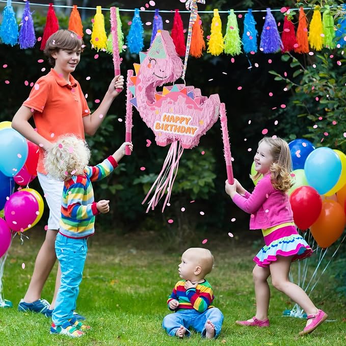 VinTS Pink Dinosaur Piñata Kids Dino Piñata with Blindfold Bat for Dinosaur Themed Party Game Girls Birthday Party School Activitives Dinosaur Birthday Decor(16.5x13x3.15in)