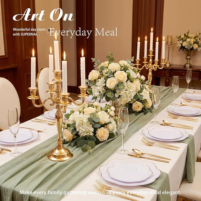 supernal 60pcs White Scalloped Plastic Plates with Gold Trim,Heavy Duty Elegant Disposable Plates Includes: 30 Gold Dinner Plate and Dessert Plate Perfect for Wedding, Bridal Shower Mother's Day