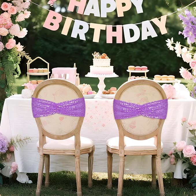 Poise3EHome Lavender Sequin Chair Sashes,Folding Chair Cover Bands for Wedding Party Ceremony Banquet Decorations, 20 PCS
