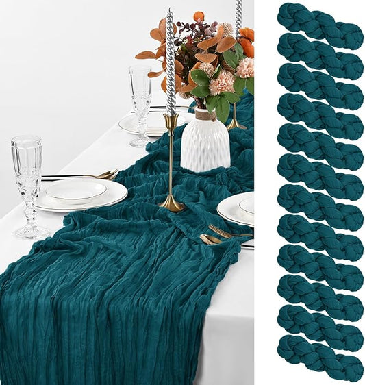 Pesonlook 12 Pack Teal Cheesecloth Rustic Boho Table Runner, 10FT Long Romantic Semi Sheer for Wedding, Baby Shower, Birthday, Bridal Party Decorations (21.5" W x 120" L)