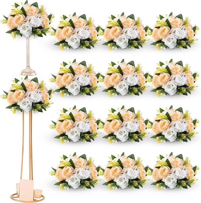 Hotop 12 Pcs Artificial Rose Flower Balls for Centerpieces, Silk Roses Kissing Balls Romantic Faux Floral Arrangements for Engagement Wedding Home Decor (Champagne,White)