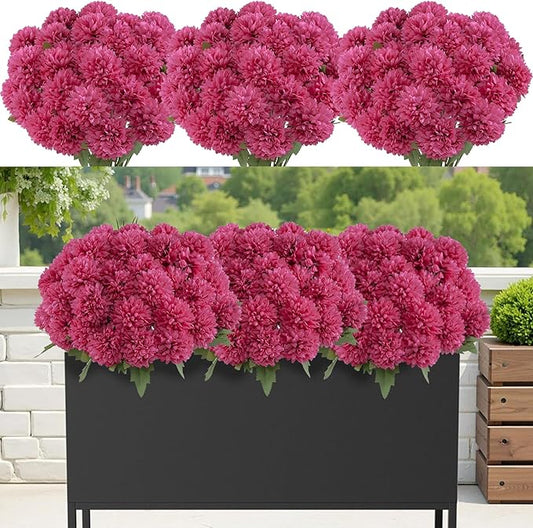 12 Bundle Artificial Mums Flowers for Outdoor Spring Decoration,Faux Ball Chrysanthemums Bouquet Fake Silk Flower for Vase Easter Table Floral Arrangement Wedding Home Decor(12, Rose Red)