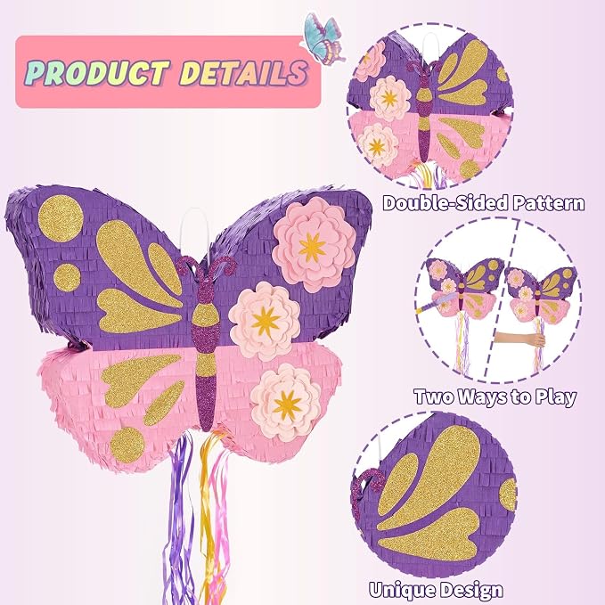 WERNNSAI Butterfly Piñata - Butterfly Birthday Party Supplies Piñata with Stick and Blindfold for Girls Kids Pull String Piñata Family Games Classroom Birthday Party Decorations 16.4” x 12.4”
