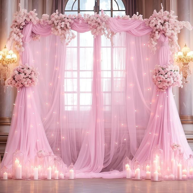 10x10ft Baby Pink Tulle Backdrop Curtain with Lights String for Parites, Sheer Photo Backdrop Curtains with Lights for Wedding Backdrop Ceremony Reception Bridal Shower Baby Shower Birthday Party