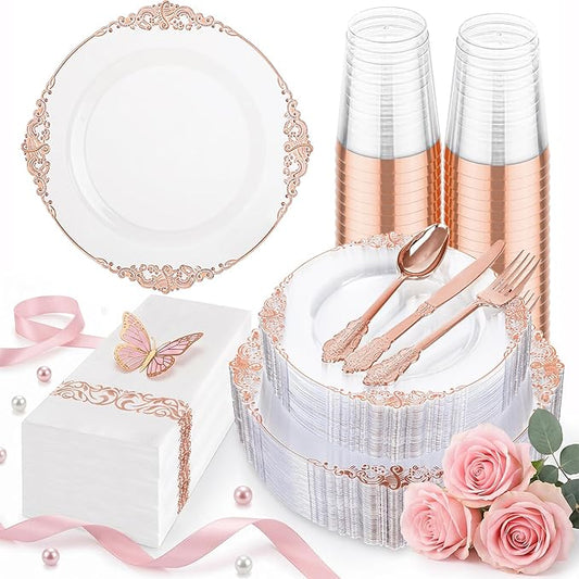 Hioasis 175pcs Clear Rose Gold Plastic Plates - Elegant Disposable Dinnerware Set Suitable for 25 Guests Include 10.25" Dinner & 7.5" Dessert Plates, Cutlery, Napkins, Cups for Party